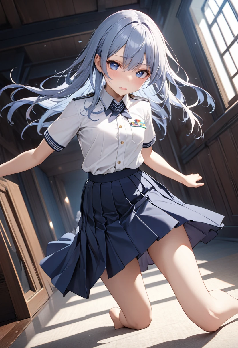 (Highly detailed CG:1.2), (masterpiece:1.2), (Highest quality:1.2),,((Absurd)),View your viewers,whole body, ,(One girl),alone,(Long Hair),(Masayom uniform),(White shirt short sleeve),(navy_Blue pleated skirt),(Long skirt),Dynamic Angle,Are standing,Dynamic pose,((Delicate facial features)),, nude、Small breasts、Panties、bra
