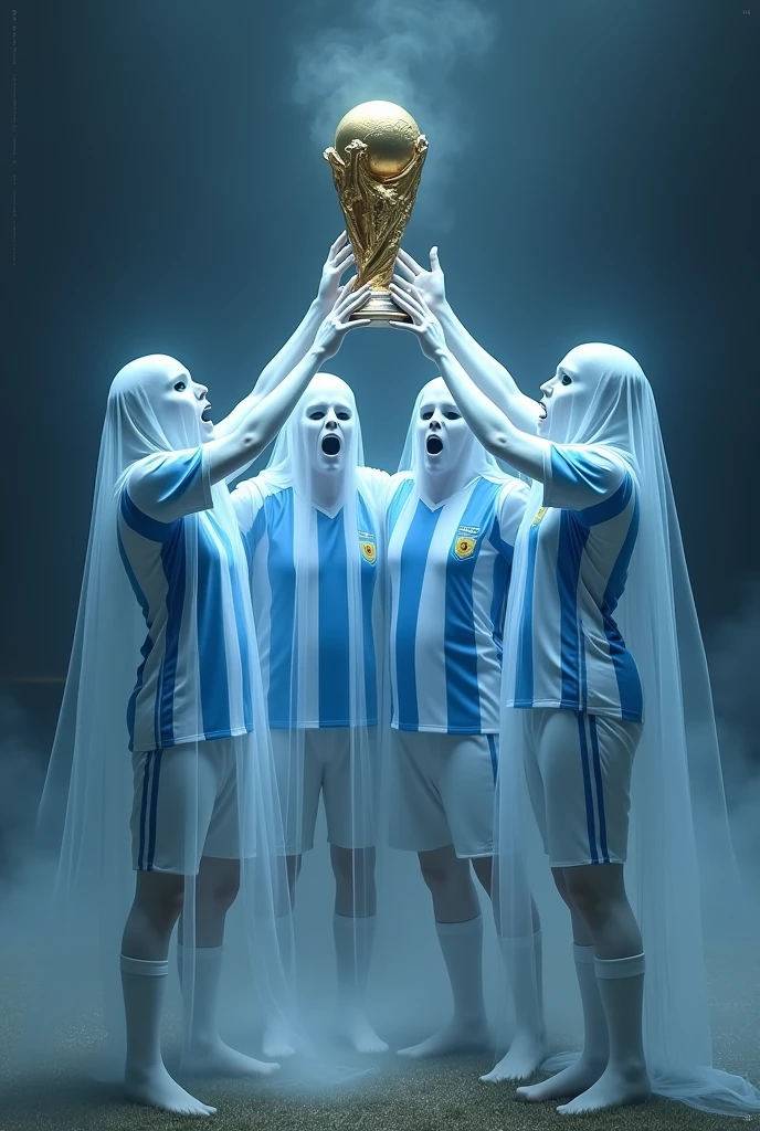 4 ghosts wearing Argentina shirts holding a soccer trophy 