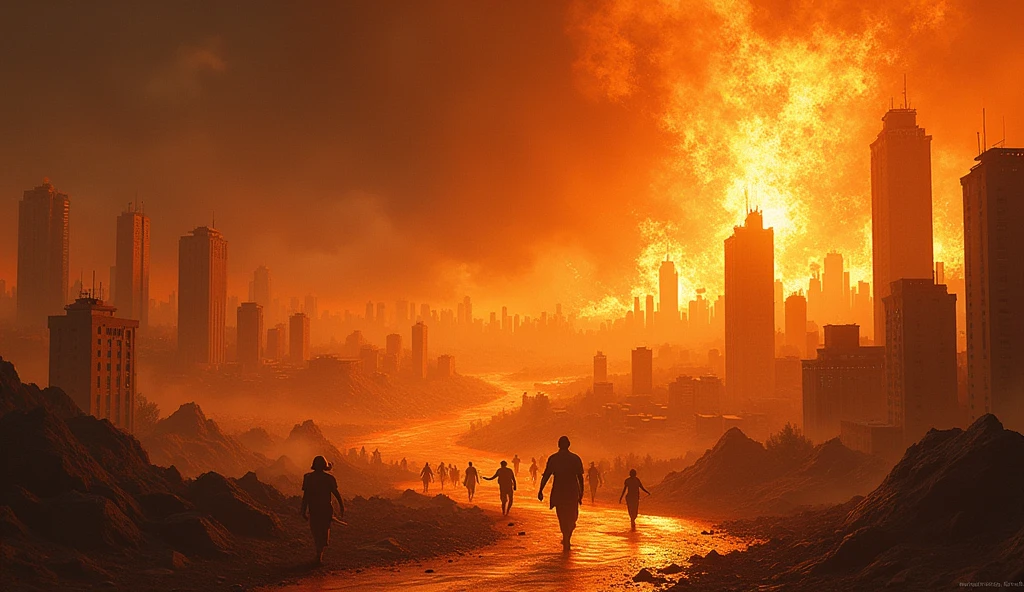 A powerful image of flames and lava flooding the city of Sodom, with figures trying to escape. The sky is on fire, reflecting the impending catastrophe. The composition is dynamic, capturing movement and urgency.