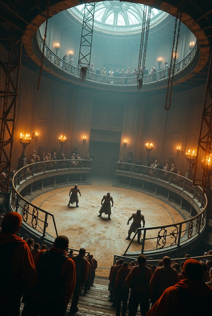 The underground underworld arena is circular. Surrounded by a metal fence, made of rusty steel and chains. Around the arena raised platforms were constructed with metal scaffolding offering a view. These platforms are adorned with gas lamps. Everything is a post apocalyptic scenario