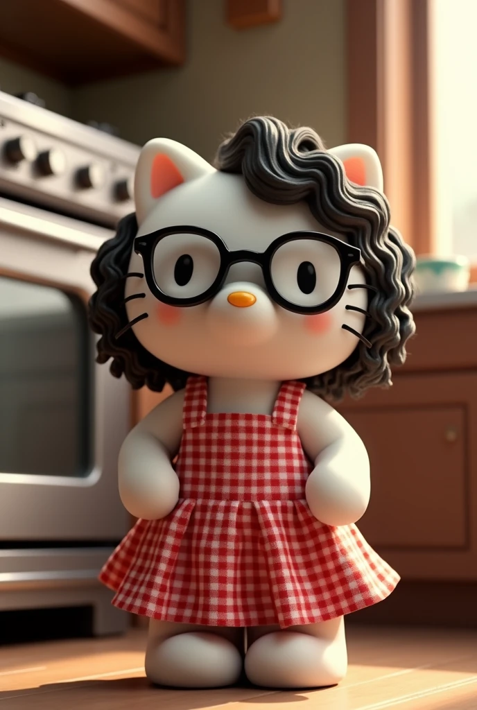 The image features the adorable Hello Kitty character in a cozy kitchen., visible from the abdomen up, due to the table covering the bottom. She wears a red and white checkered apron, which contrasts with its white fur, as her curly black hair falls softly over her shoulders, and black glasses. to the left, there is a classic oven with a glass door that reflects the light, suggesting something delicious baking inside, and silver metal details that modernize the environment.