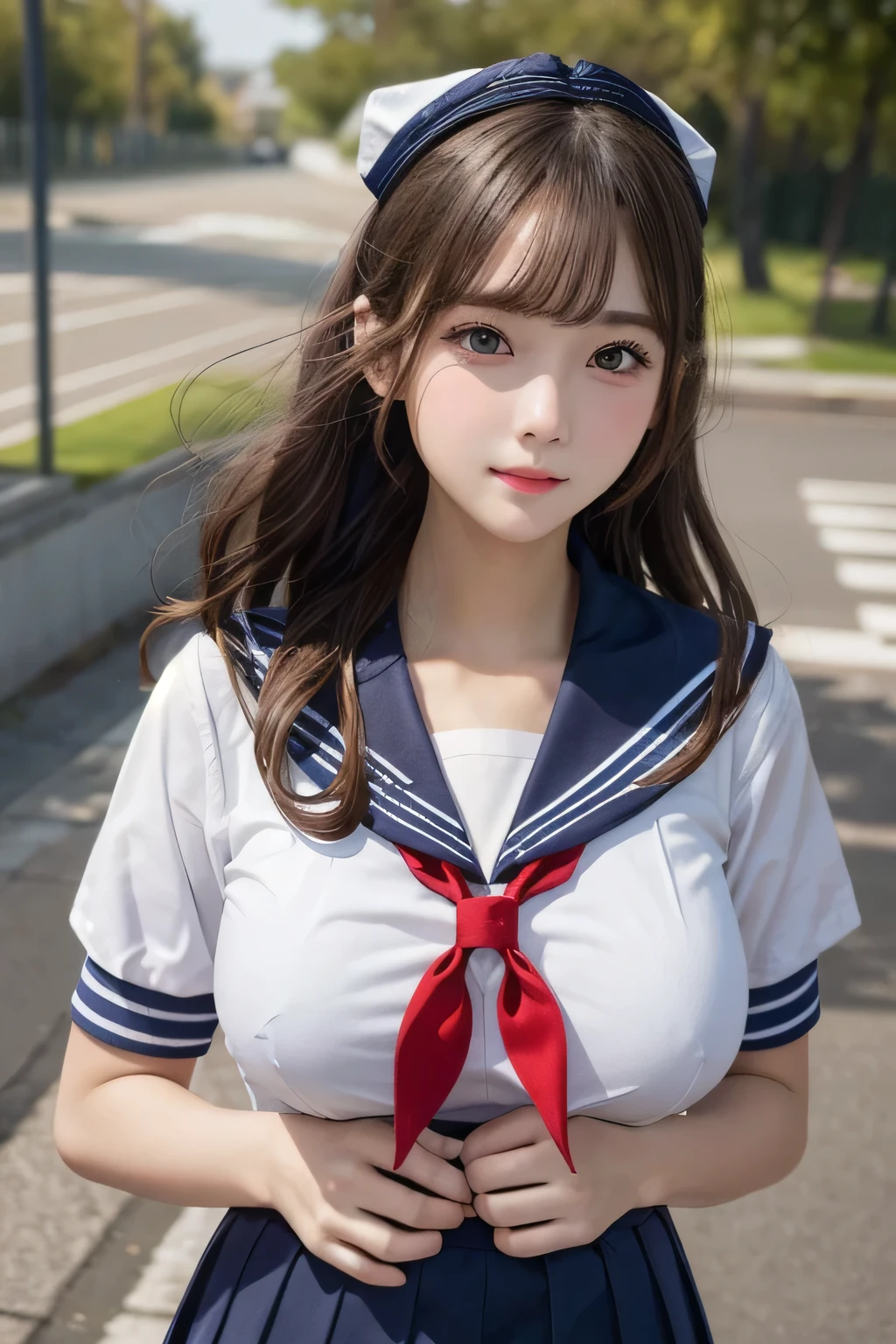 One Girl, 1 person,Highest quality,High resolution,超High resolution,8k,Realistic,Upper Body,encounter_audience,Large Breasts, the body is slim,(sailor suit School uniform:1.2),