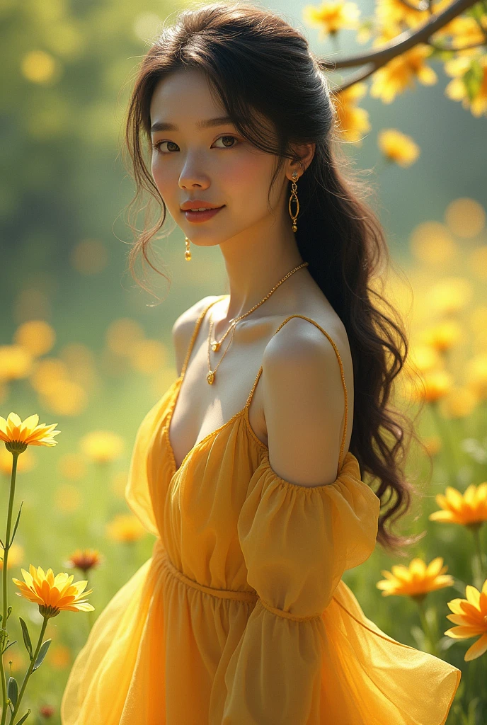 Create the image of a woman in a light dress, She is wearing a gold necklace and earrings and is in a park where there are yellow flowers around her.