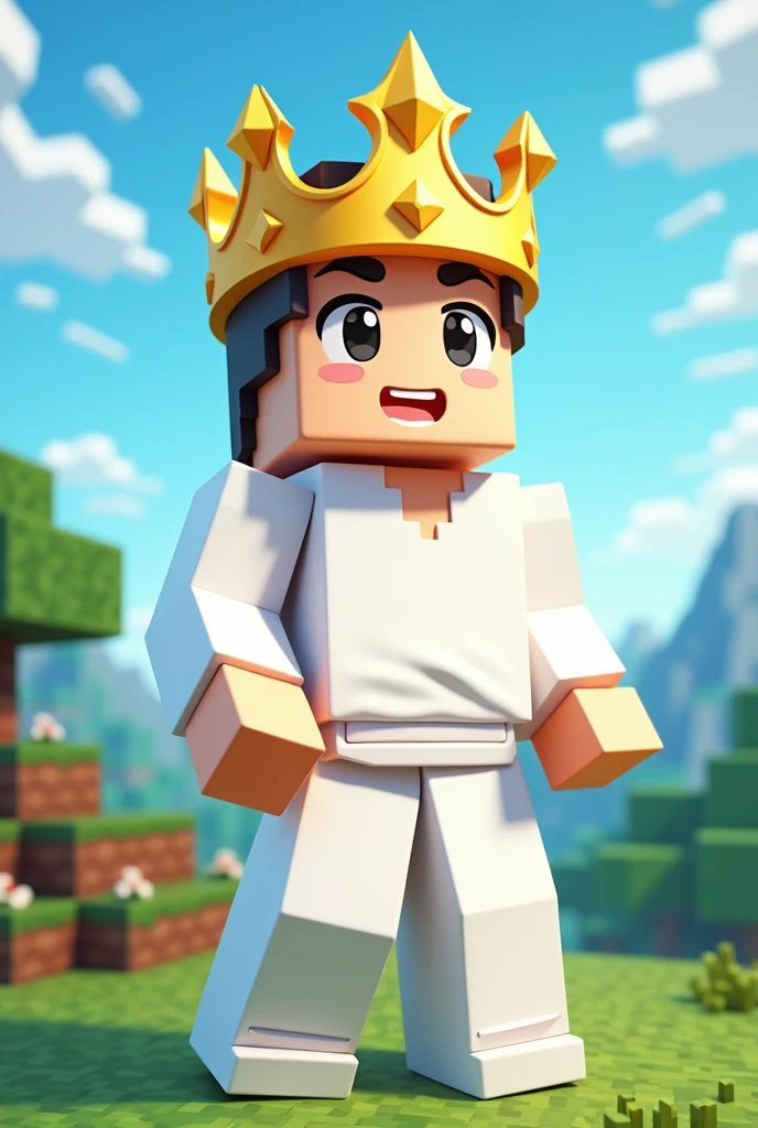 I want a Minecraft character with white clothes golden crown Cartoon style Minecraft