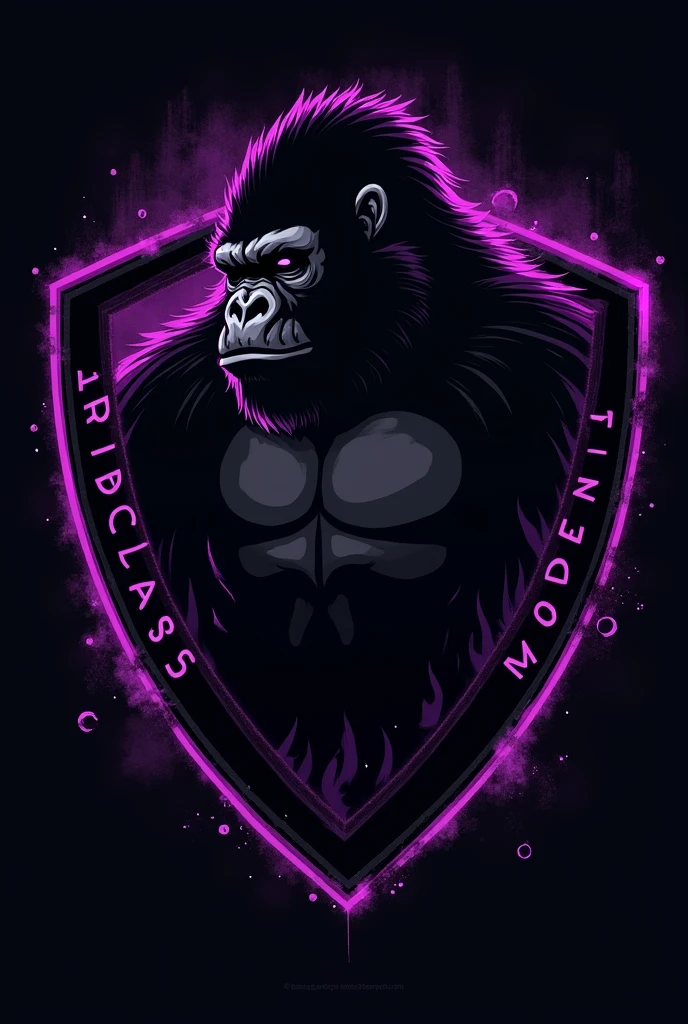 Create an interclass model T-SHIRT with the predominant black color and purple details on the gorilla shield 