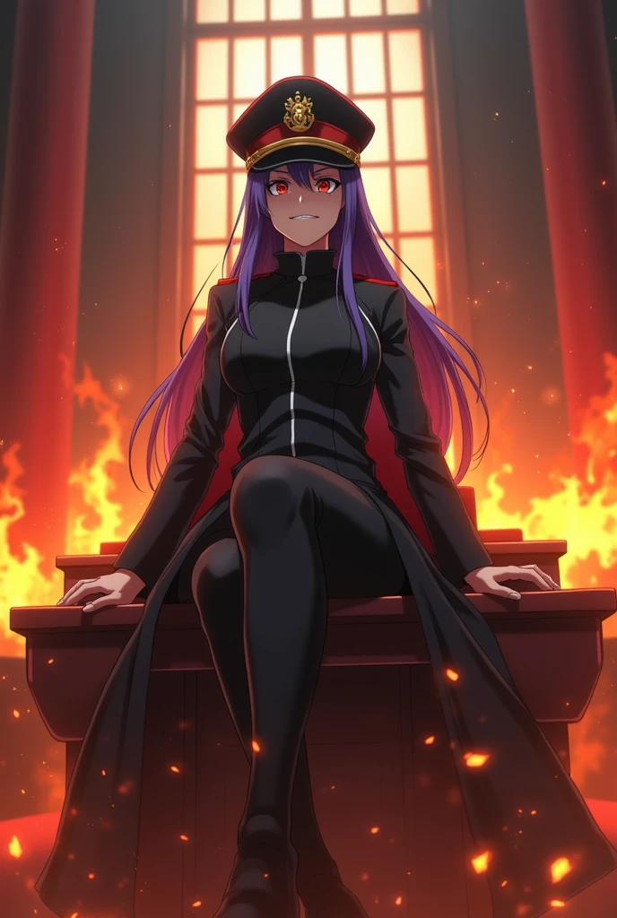 angry female anime wearing a long black jacket and tight clothes, wearing a war general's hat, sitting on the royal bench, wearing a mask, the atmosphere in the Japanese castle is on fire, full of aura