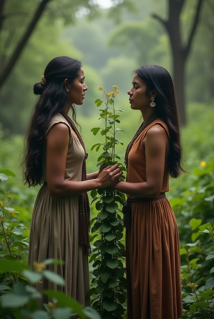 2 indigenous women, holding the same sheet, a long green plant photo essay 