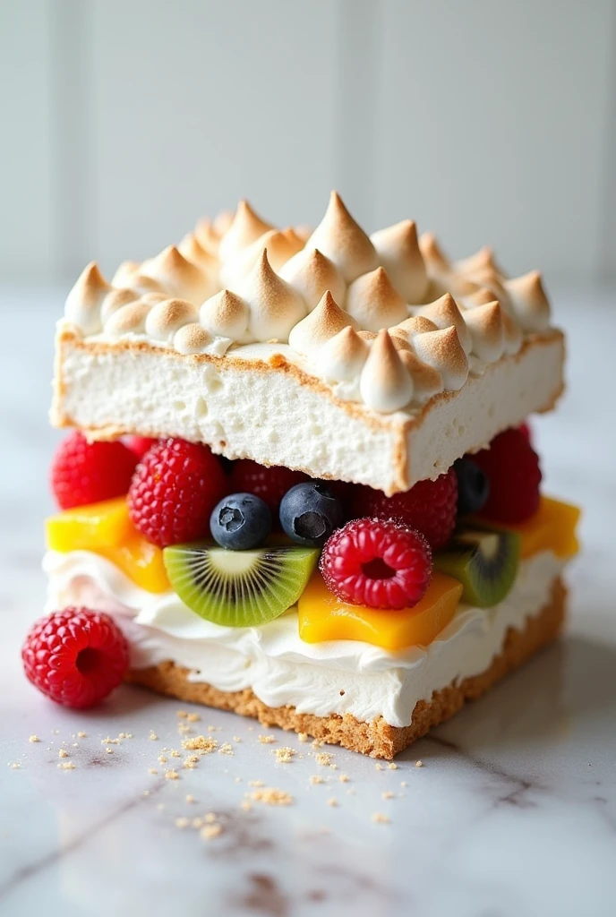 Square pavlova filled with fruit and with a pavlova top