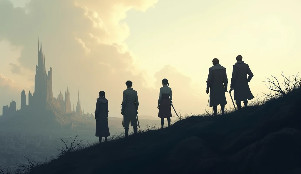 A contemplative scene of a group on a hill, watching the ruined city in the distance. The sky is serene, in contrast to destruction. The expressions reflect a mixture of sadness and reflection.