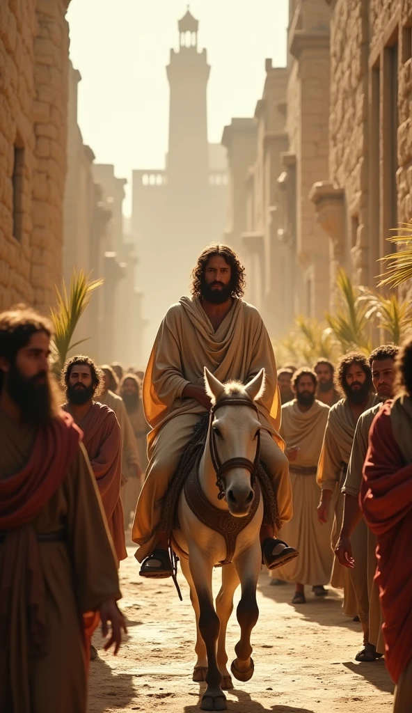 Jesus entering the city of Jerusalem on a donkey, surrounded by disciples and crowds, ancient city streets with stone buildings, palm branches being waved by the people, Jesus wearing simple robes, sunlight casting long shadows, hyper-realistic, photo realism, cinematography -- ar 9:16