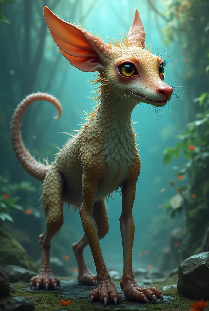 a realistic animal with a long, narrow body, Long and narrow head, floppy ears, dog nose, big eyes 4 fins, with a monkey tail and scaly skin