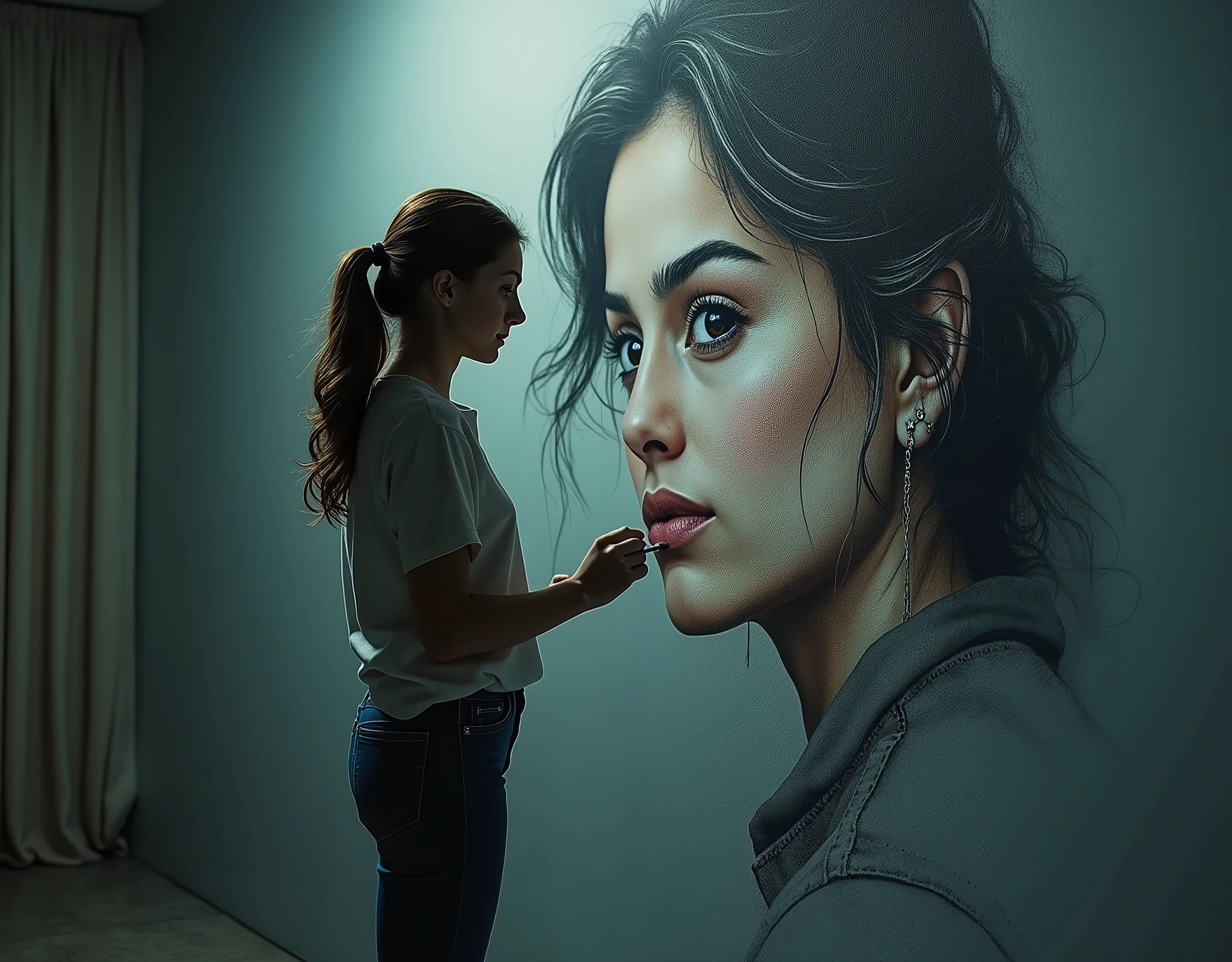 Beautiful girl in jeans and black shoes, chalk drawing her mother&#39;s face on the wall, great image, dramatic lighting, great color tones, moody, cinematic, (Best quality, very detailed work, (realistic, photorealistic, realistic: 1.37)dramatic lighting, cinematic composition, dramatic color palette, scale.