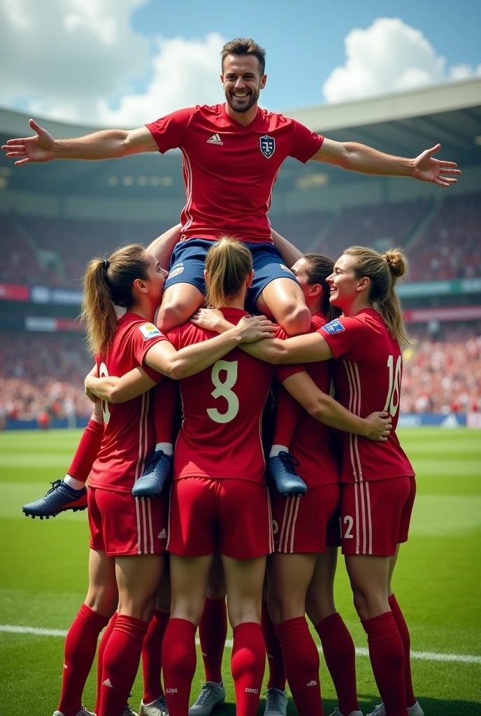 A british womans football match where the woman are carrying their male manager in celebration