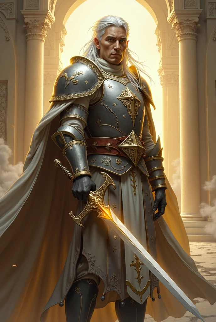 a holy looking male half elf paladin (Dungeons & Dragons), holding a sword and shield, white silver hair, wearing a helmet, holy scenery, no cape