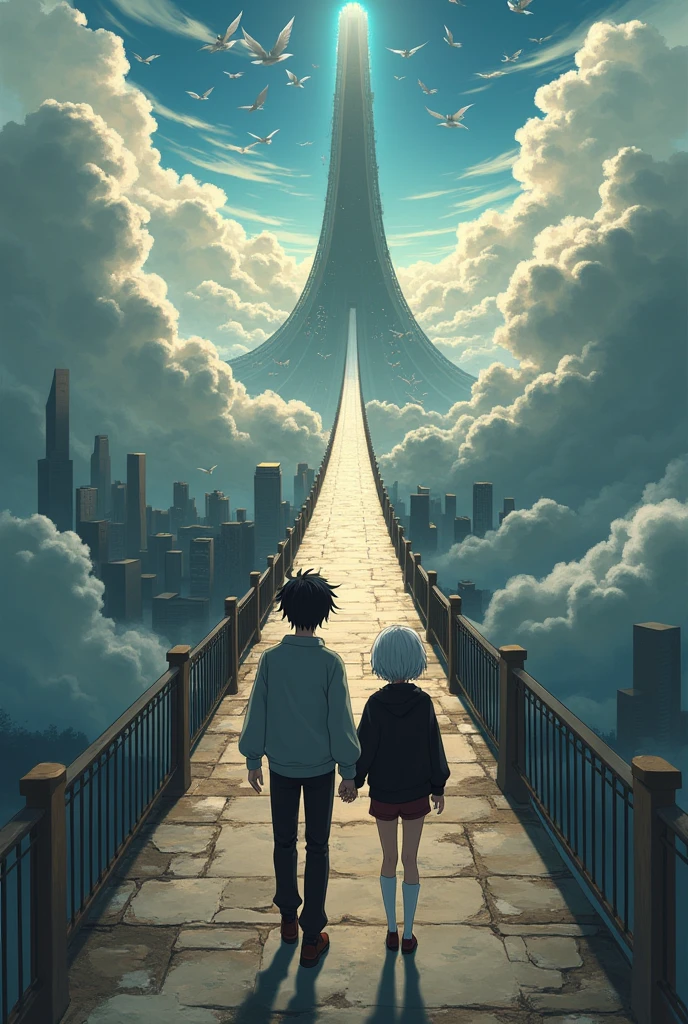 The image is anime style cowboy bebop and Darker than black with shadows and dim lights, anime style although somewhat adult and dark, It shows two people, A young man with black hair wearing a sweater and an albino woman with short white hair wearing a black sweater and small dark red shorts walking on a very wide and colossal bridge on the way to heaven, the bridge is seen above the clouds, In the distance, at the other end of the bridge, You can see the Tower of Babel rising to the top, with thousands of angels flying around him. The image is focused from far away and from a higher image plane.. In the background of the city you can also see biblicaly accurate angels