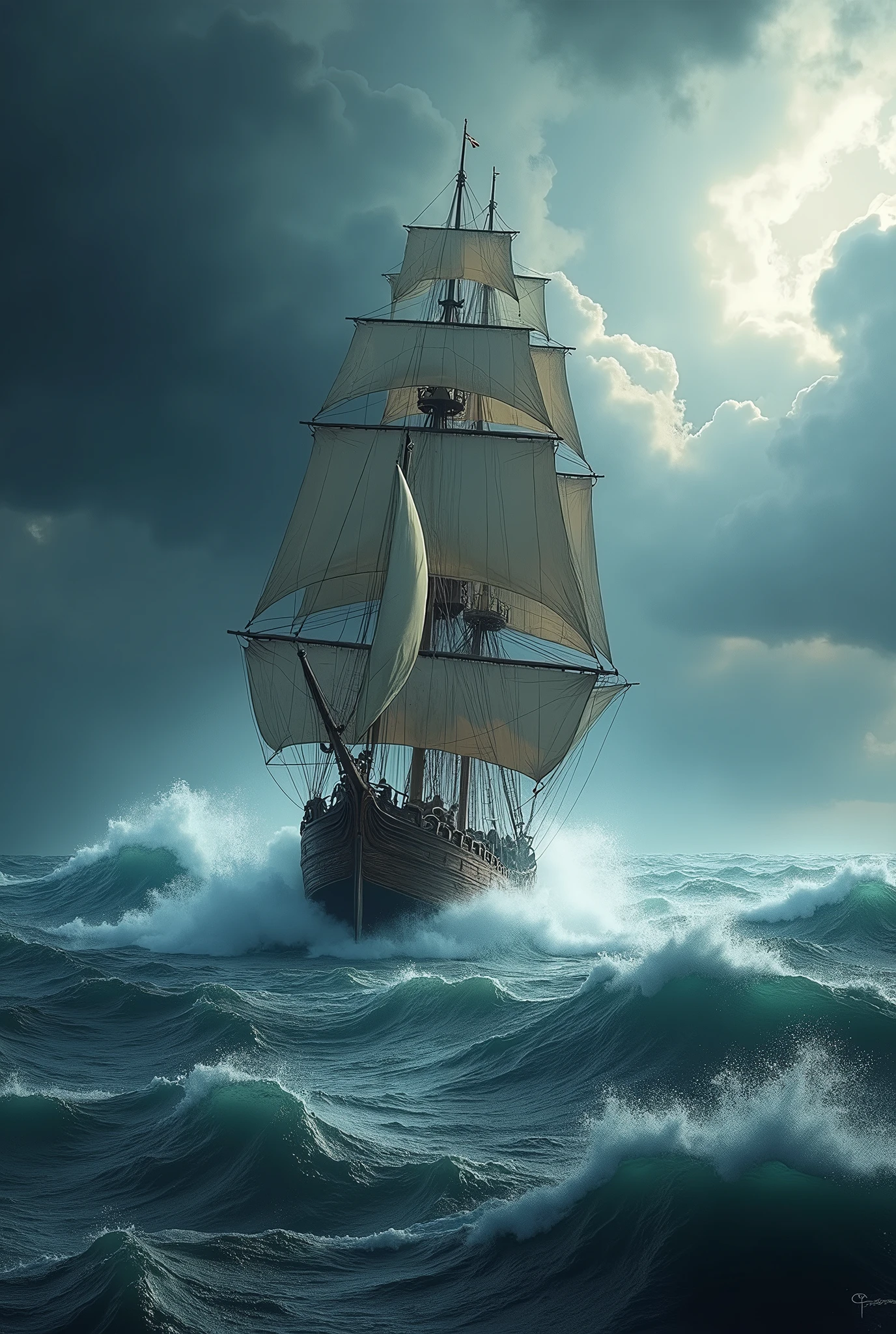 Large sailing boat, rough sea, crashing waves, raging storm, stunning seascape, dramatic lighting, gorgeous color tones, moody, cinematic, (Best quality, very detailed work, (realistic, photorealistic, realistic: 1.37)Dramatic lighting, cinematic composition, dramatic color palette, epic scale, powerful waves, turbulent waters, choppy skies, looming clouds.).