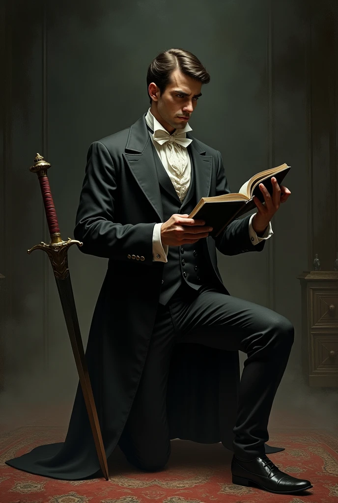 tattoo, Gentleman with a book in his left hand, down on my knees, sword in right hand