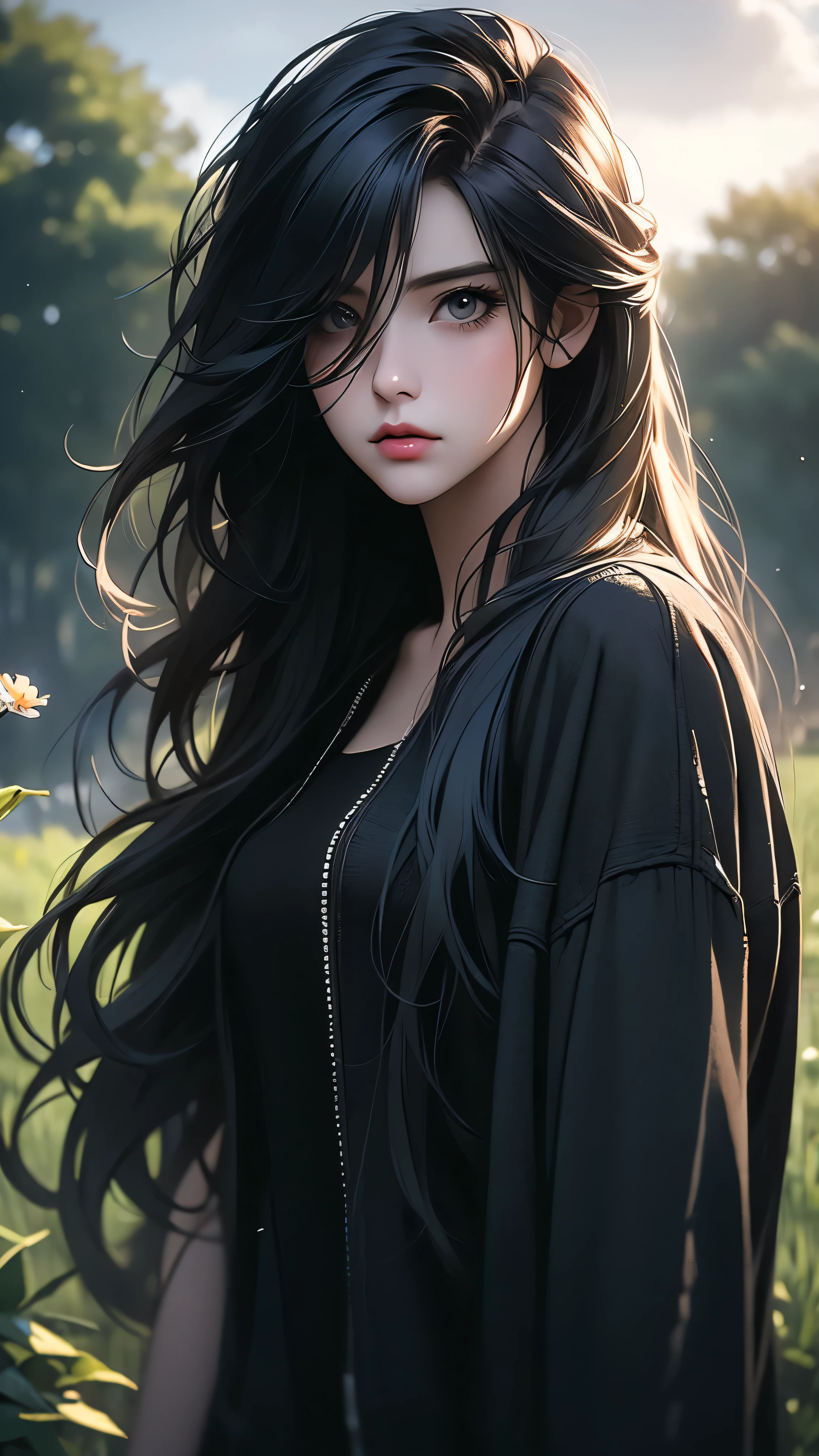 a cute emo girl, walking in a park, long hair, dark makeup, black clothes, holding a flower, detailed face, detailed eyes, beautiful detailed lips, lonely expression, emotional, moody, cloudy sky, lush greenery, warm sunlight, photorealistic, 8k, highly detailed, cinematic lighting, award winning digital art