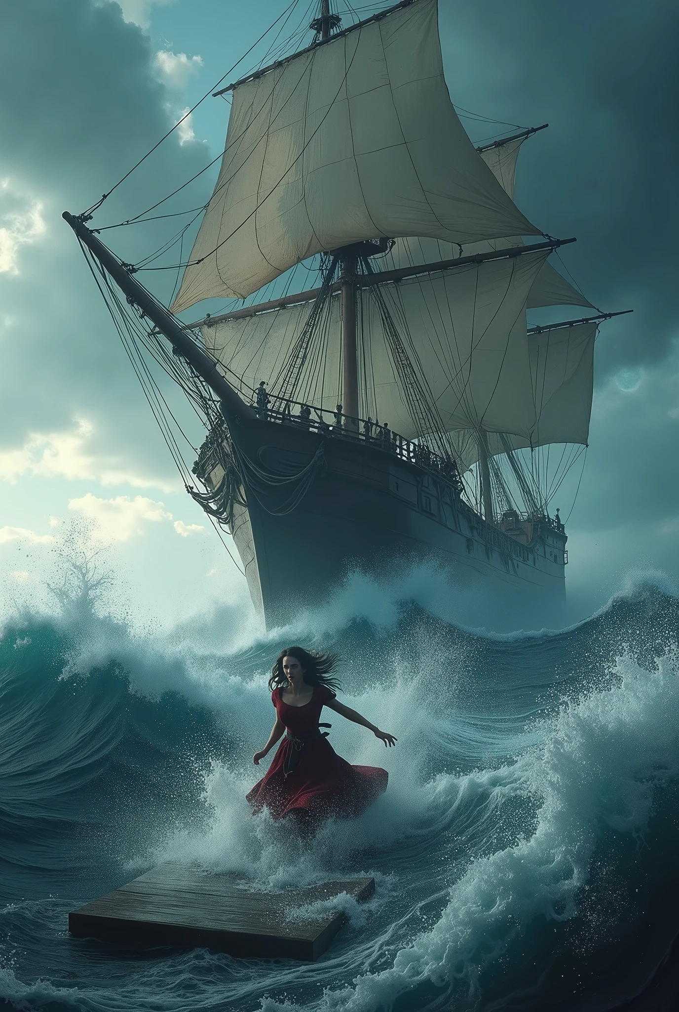 Large sailing boat, pirates trying to rescue a woman falling overboard, woman clinging to a plank, rough sea, crashing waves, raging storm, stunning seascape, dramatic lighting, gorgeous color tones, moody, cinematic, (Best quality, very detailed work, (realistic, photorealistic, realistic: 1.37)Dramatic lighting, cinematic composition, dramatic color palette, epic scale, powerful waves, turbulent waters, choppy skies, looming clouds.).