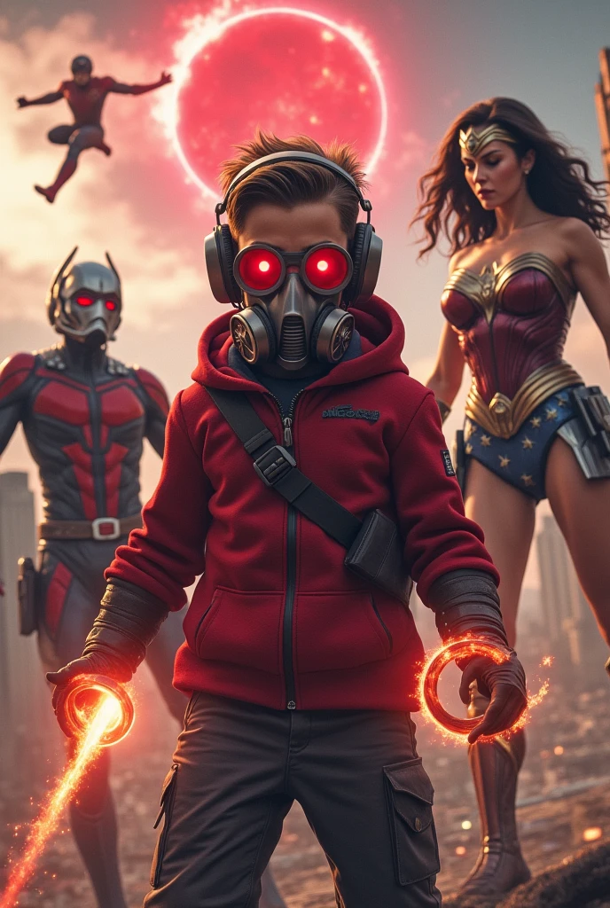 Young Star-lord with red hoodie, headphones, star-lord helmet, gas helmet, covered mouth, round red eyes, Red eyes, magic rings in the hands and rocket boots, Vs. Doctor strange vs. Wonder woman (Big tits), Vs Giant Ant-Man, Fighting, power, fiction, full body, 4 person, magic lasso, hight, fall, fire in boots, poweful spells, fighting, realistic, helmet, mask, confrontation, punch, gun, flying in the sky, red magic portal, view of the city from above
