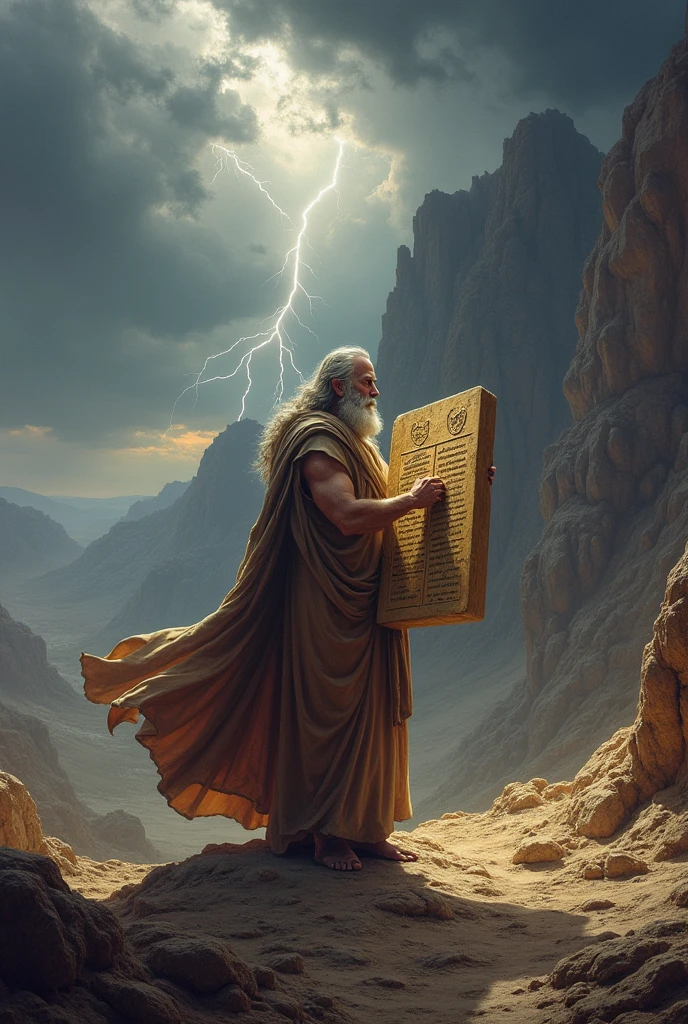 A dramatic scene high on a rocky mountain, with Moses prominently featured. He is standing with a long beard and white hair, wearing ancient robes, while holding two large stone tablets. The sky in the background is stormy, with dark clouds and lightning, suggesting a divine moment. Moses is engraving the Ten Commandments on the tablets, with an expression of reverence and concentration. All around, the landscape is arid and desolate, reinforcing the feeling of isolation and importance of the ev