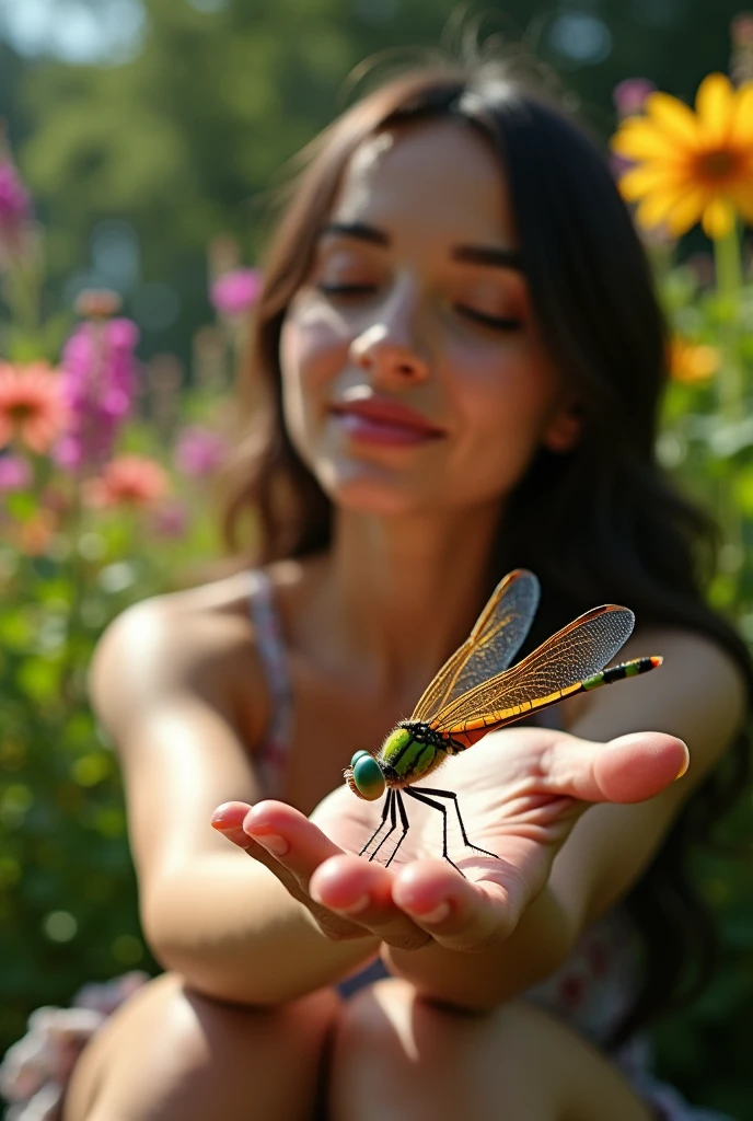 close-up of a colorful dragonfly, shimmering wings and bright green eyes, sitting on a woman's hand. The woman sits peacefully in her garden, surrounded by vibrant flowers and greenery, the scene capturing a moment of quiet reflection and natural beauty. The dragonfly should be small