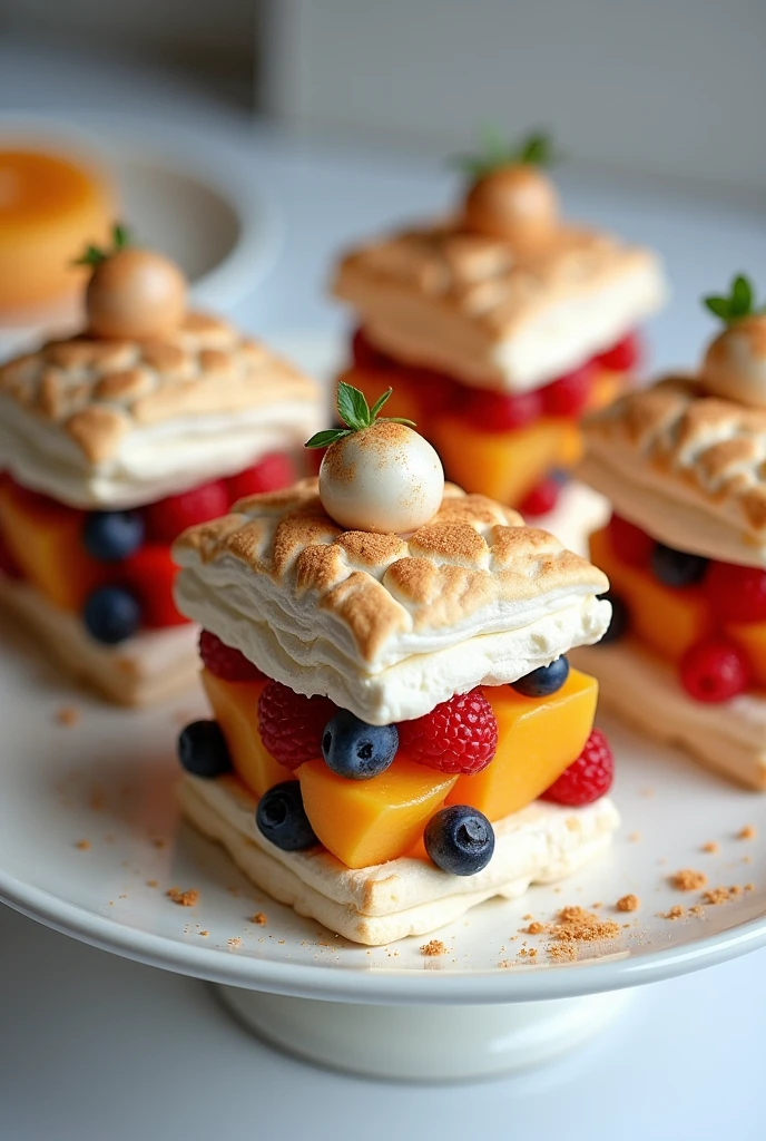 Square pavlovas filled with fruit and with a pavlova top