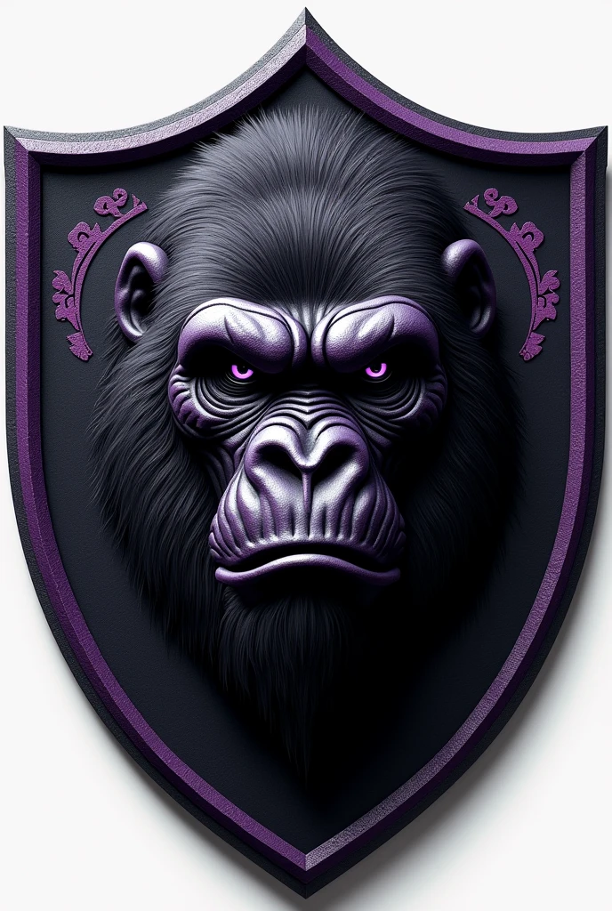 Create a shield with the face of a gorilla, predominant color black, purple details