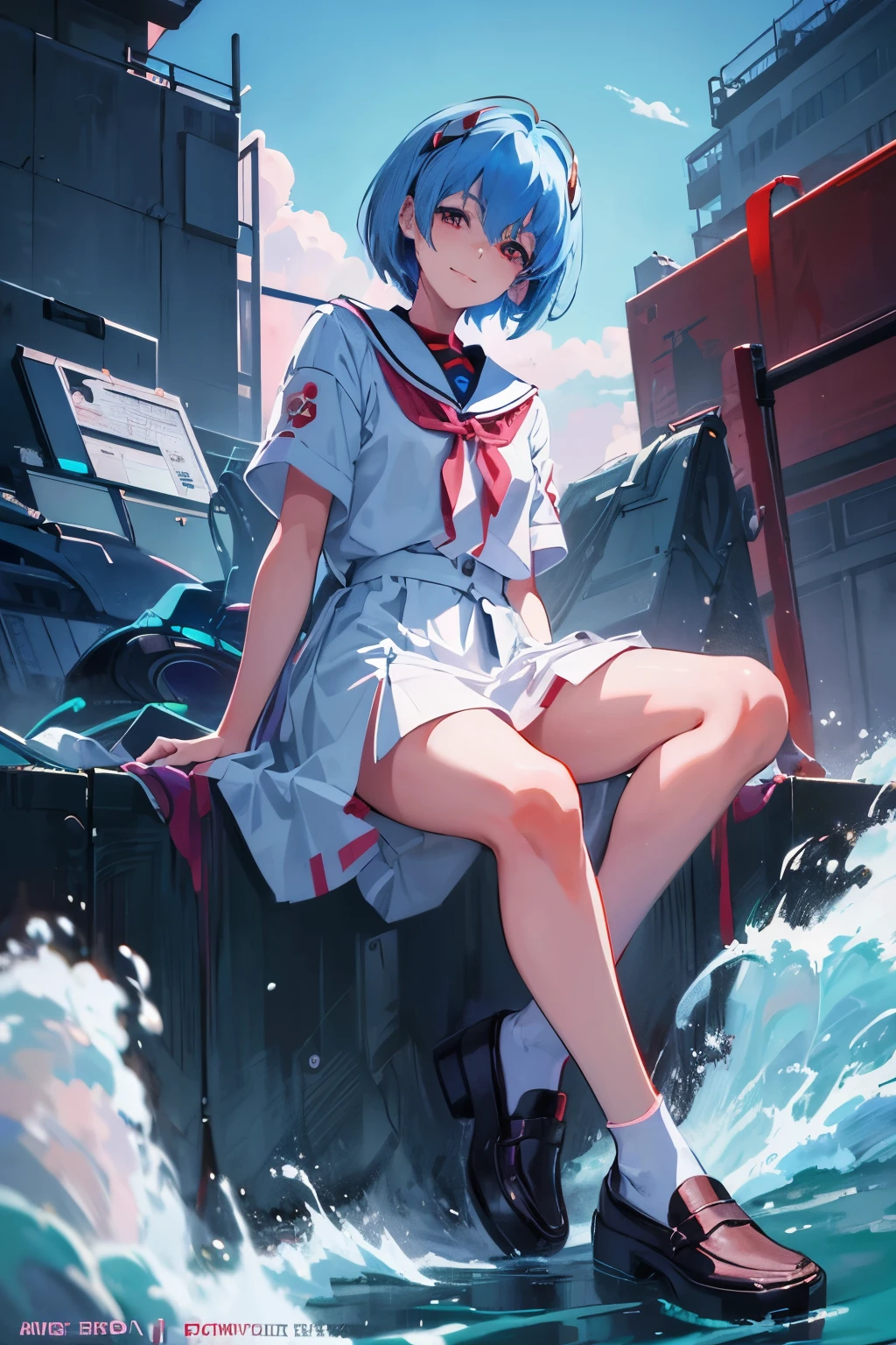 A masterpiece portrait of smiling Rei Ayanami (Evangelion), Evangelion (Hideaki), Caustics, High resolution illustrations, Red eyes, feminine, No students, Blue Hair, short hair, Japanese School Uniform, loafers, Spank, Synthwave, paint Splashs, Shaded flat illustration, Digital Art, Trending on Art Station, Very detailed, The finer details, Complex, Splash, Overtake, Vaporware, Neon color