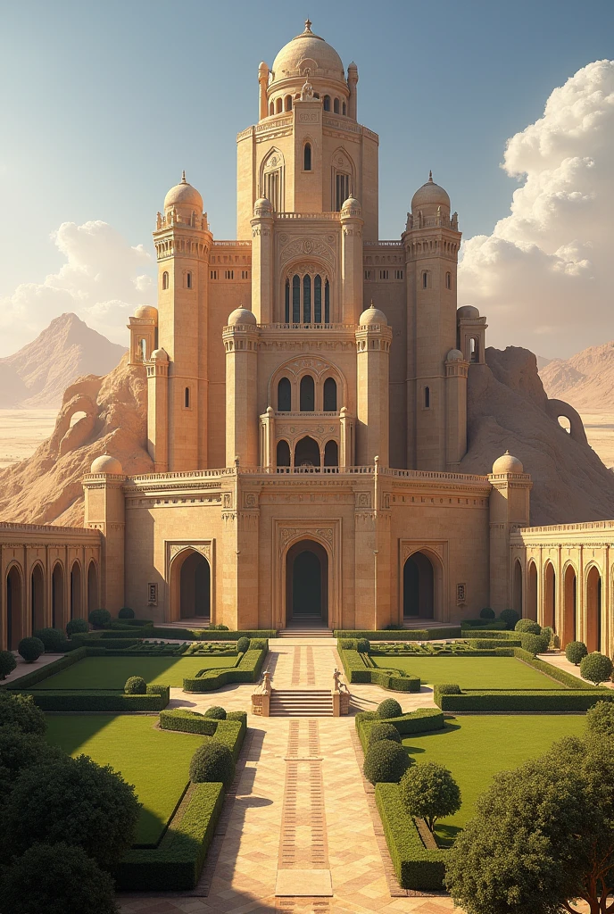 Make me a castle in the desert that is imposing and with great walls and gardens