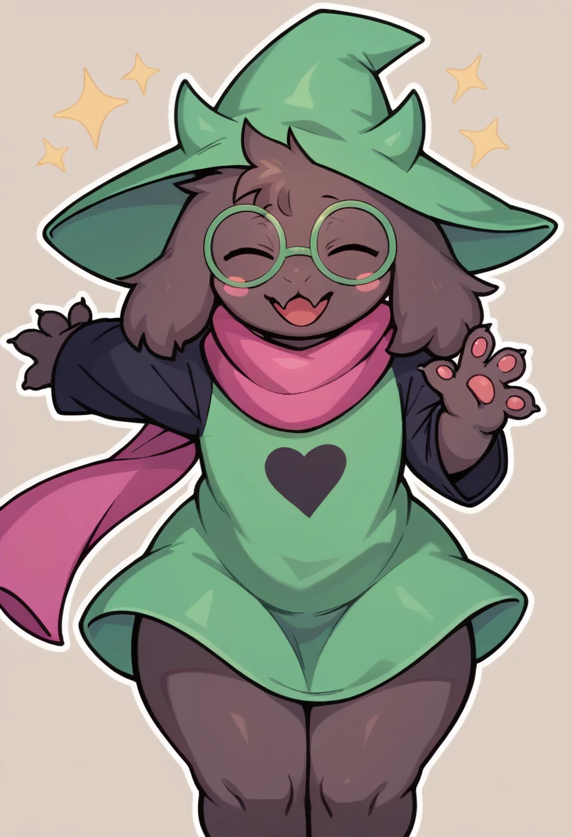  (score_9, score_8_up),furry, fur, face, Ralsei(deltarune), goat, dark fur, Green horns (they're usually pink, but the hat is covering them), black sleeves, cute, green glasses, hat, green shirt, wide hips, thick thighs, Chubby ass, bending over pose,pink scarf,closed eyes, happy, smug face,  {{Artist: %greatm8%}},  1furry, solo, male, Stickers, pose looking between legs,