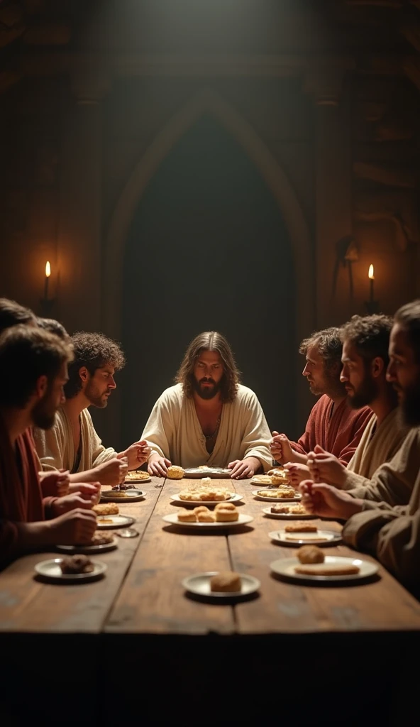 Jesus sitting at a long wooden table with his disciples, the Last Supper, dimly lit room with oil lamps, Jesus breaking bread and holding a cup of wine, solemn expressions on the disciples' faces, Judas Iscariot with a tense and conflicted look, ancient Jewish garments, simple furnishings in the background, hyper-realistic, photo realism, cinematography -- ar 9:16