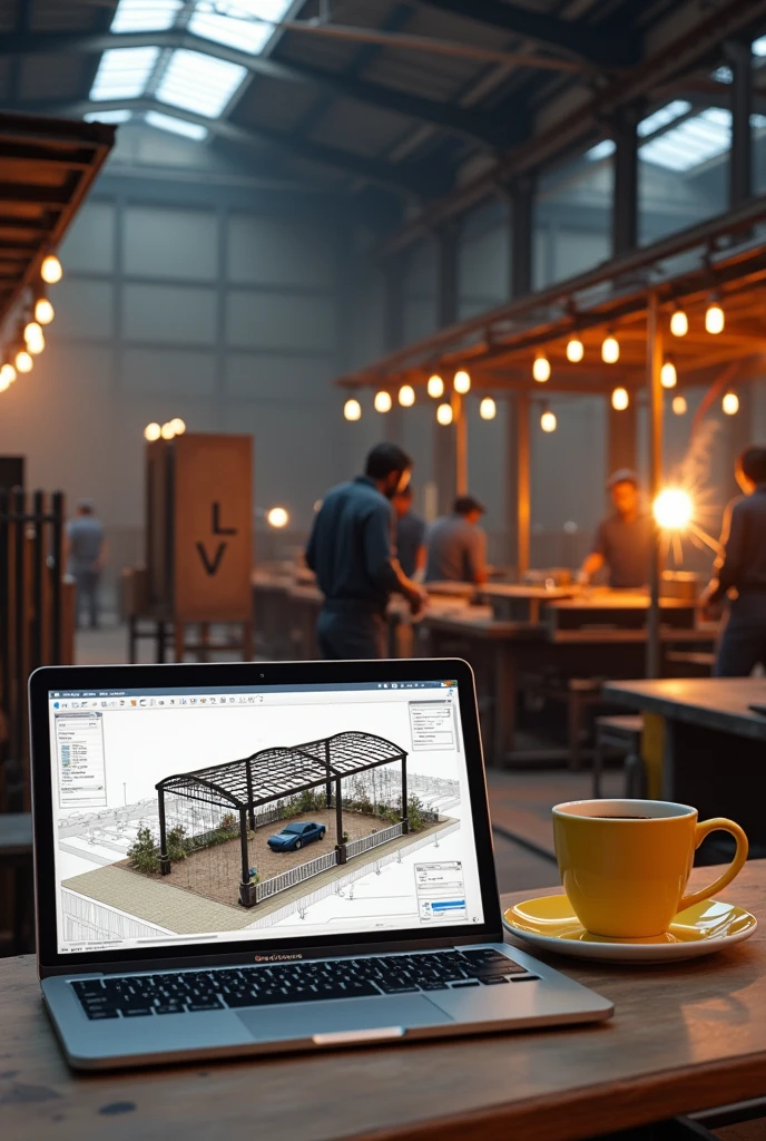 Laptop screen shot showing 3d design of iron frame cafe. Beside the laptop is a yellow coffee cup.. Behind the laptop there are several welders welding iron fences and canopies in a large warehouse with lots of iron poles., there is a large iron board with BLV written on it.