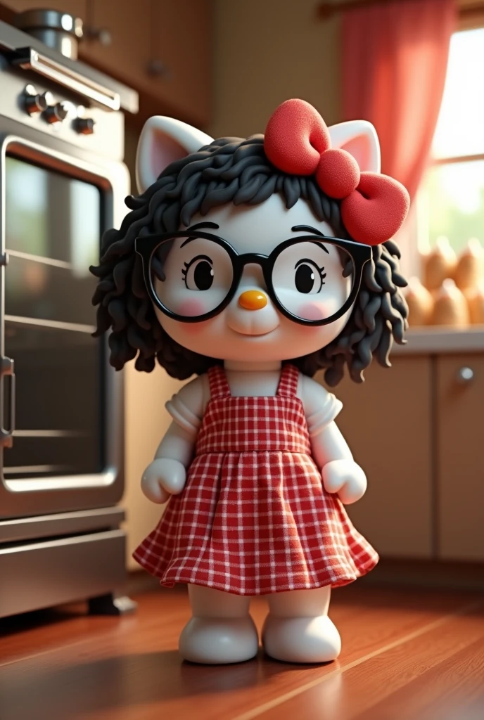 The image features the adorable Hello Kitty character in a cozy kitchen., visible from the abdomen up, due to the table covering the bottom. She wears a red and white checkered apron, which contrasts with its white fur, as her curly black hair falls softly over her shoulders, and black glasses. to the left, there is a classic oven with a glass door that reflects the light, suggesting something delicious baking inside, and silver metal details that modernize the environment.