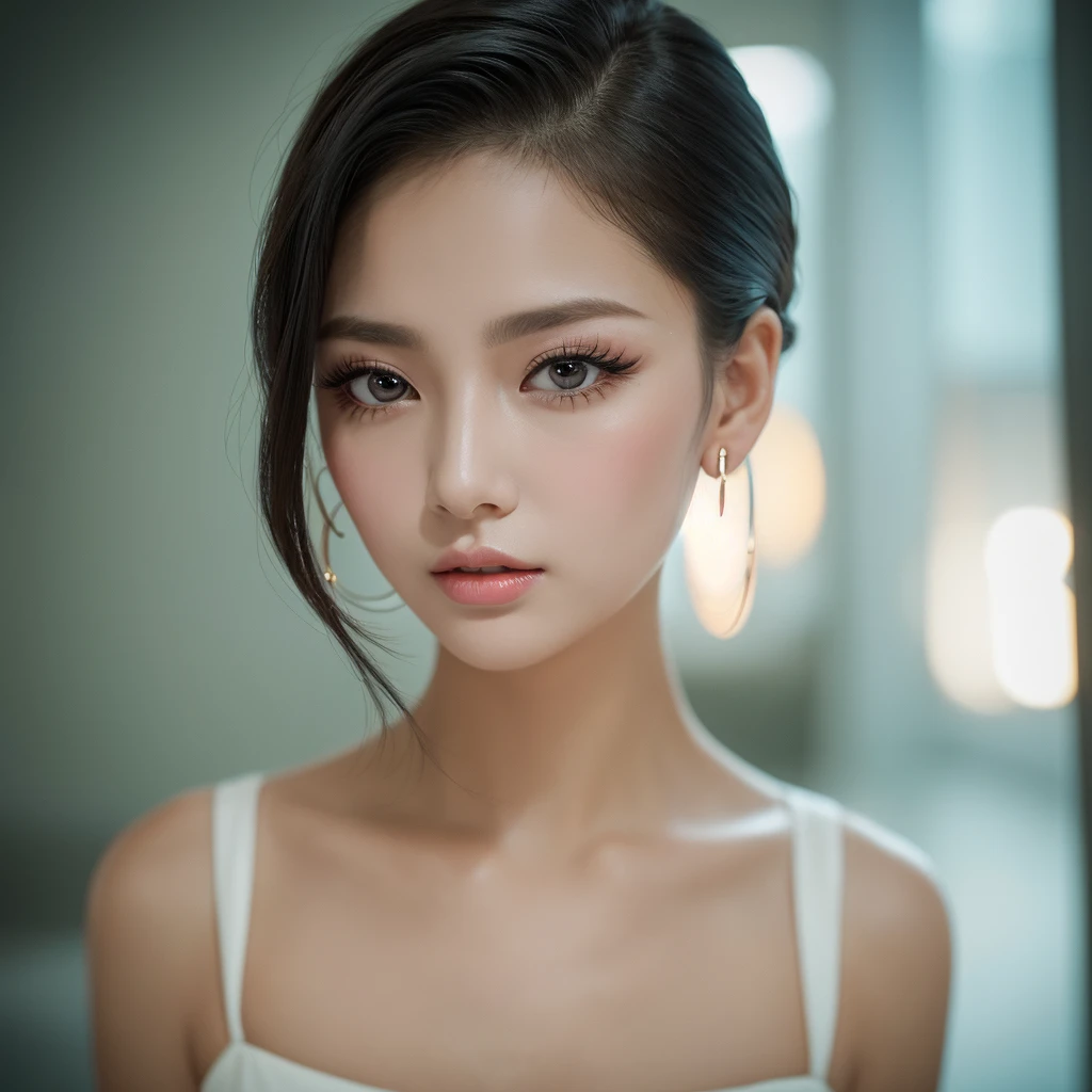 masterpiece, Highest quality, alone, One girl, Glowing Skin, Hoop Earrings, glamorous, Whimsical details, Slicked back hair, Fascinating, Bare shoulders, Clothing of the future, Shallow depth of field, Contrasting, Professional Model, Facing forward, Portraiture 、Big eyes、double eyelid、False eyelashes