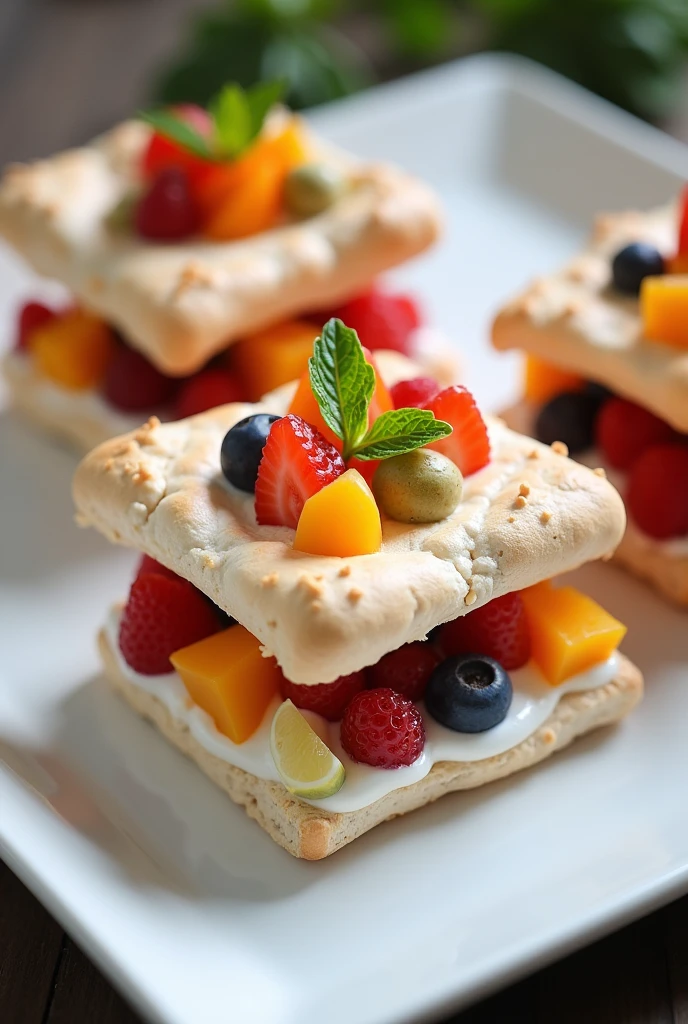 Square pavlovas filled with fruit and with a pavlova top