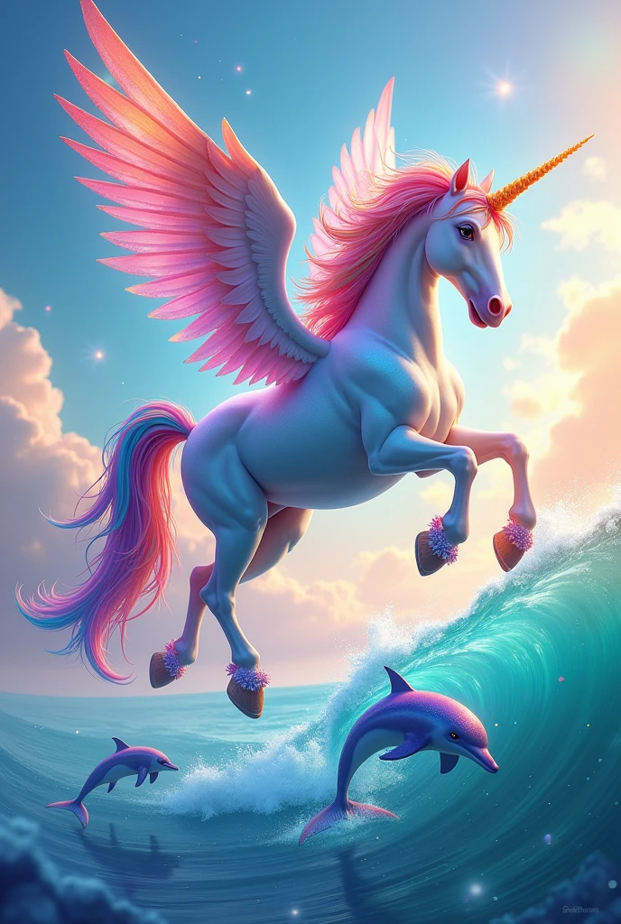 Put a very colorful flying unicorn, on a very colorful sea with very colorful dolphins in and out of the sea, Add a mermaid with rainbow hair and also unicorn hair and the whole background very colorful and with sparkles, put the unicorn higher up with clouds and also the mermaid, put many more colors more more more more more colorful, It also colors the sky and the sea, Put the unicorn more centered and smaller and add more light blue, pink and yellow colors throughout the entire image