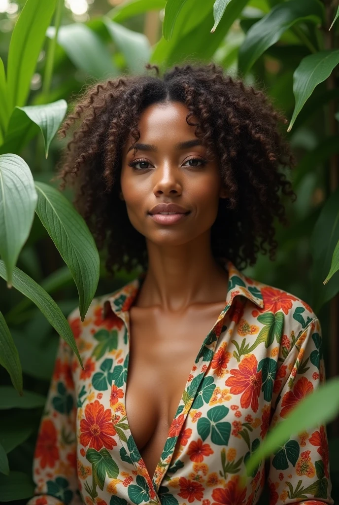 A Brazilian woman in a lush tropical garden, wearing an open shirt with a floral print, with a close-up capturing the harmonious beauty between her breasts and the natural flowers, showing off your natural charm and outgoing personality.