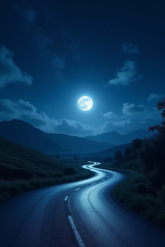 Generate an image of a starry night landscape. Ultra realistic 8k full hd with a moon illuminating a beautiful road 