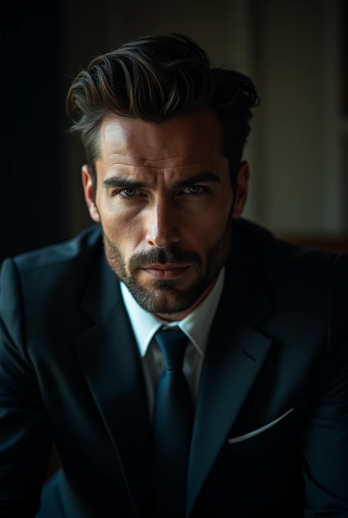 "A handsome businessman in a dark room, his eyes and a face locked on camera lens, short image