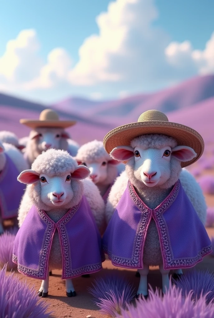 Sheep in traditional gaucho clothing in lilac color