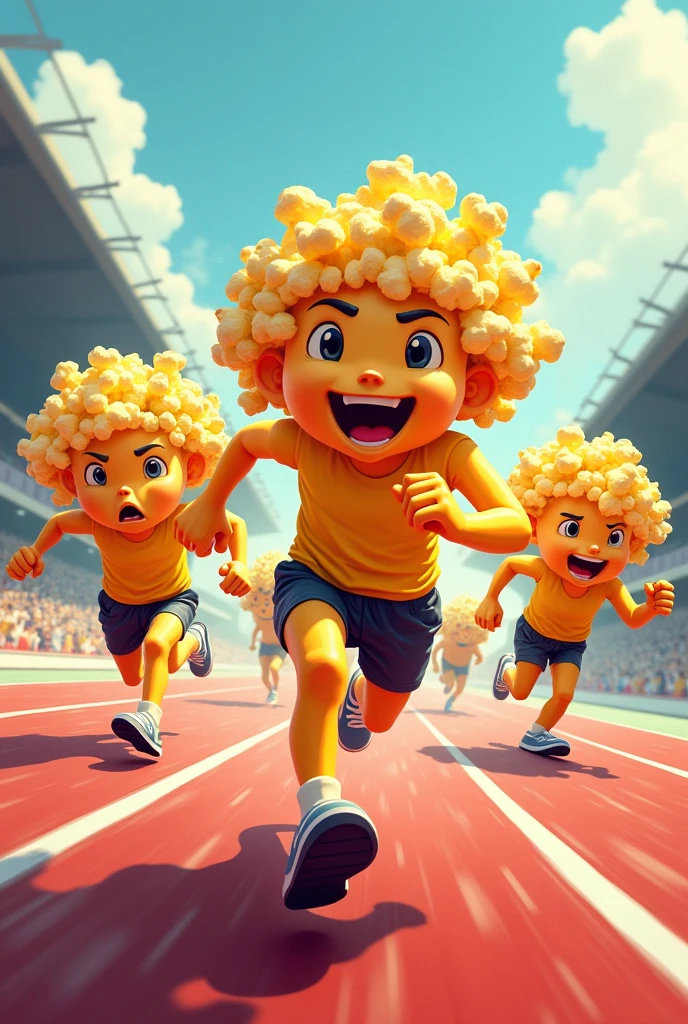 an illustration of a pack of popcorn running like a professional runner 
