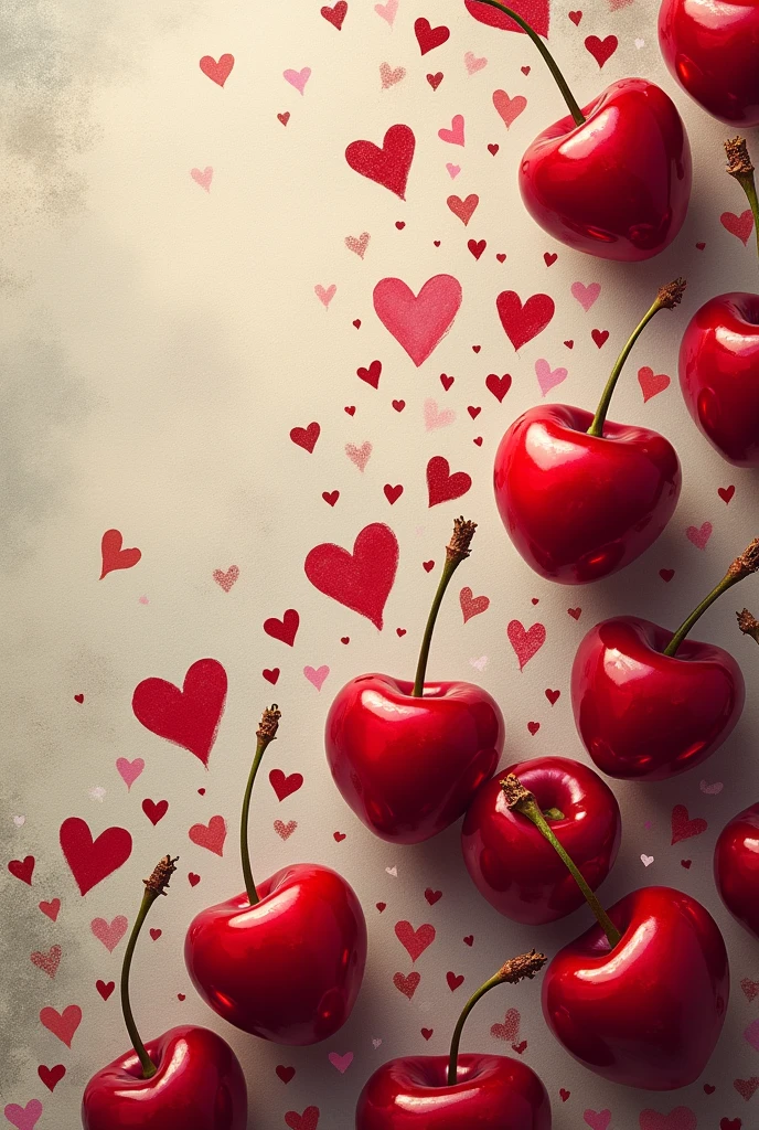 4k wallpaper of cherries with hearts as if they were painted on a canvas