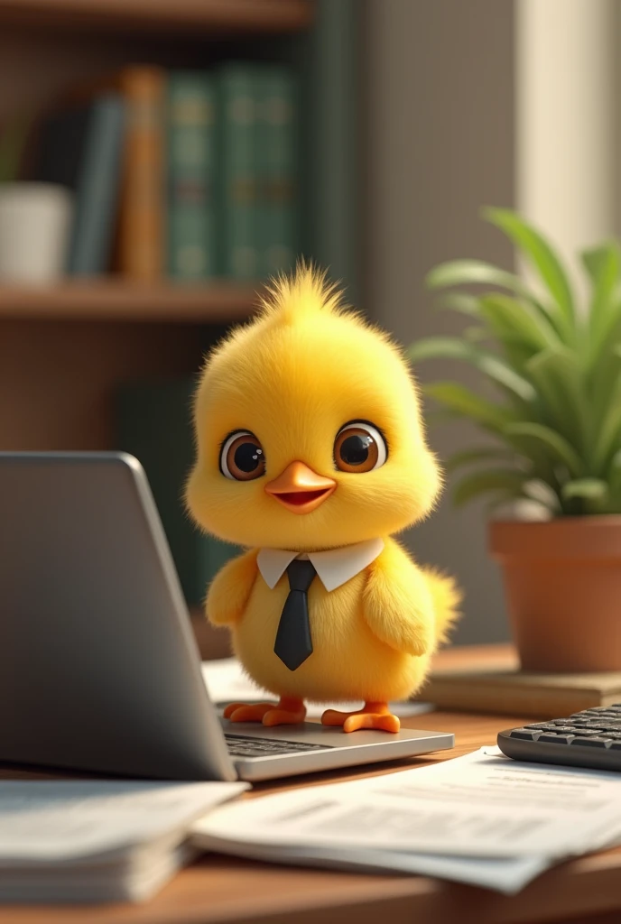 Yellow chick that is in an office with a laptop and represents an accountant