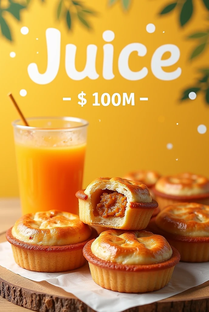 Make me a poster with several chicken pies and a glass of illustrative juice. Behind the image, put the word terceirão in the background and somewhere in the image also put 3D, which is the name of the room and also make the value very clear, which is r$ 10 Set the value to 10,00