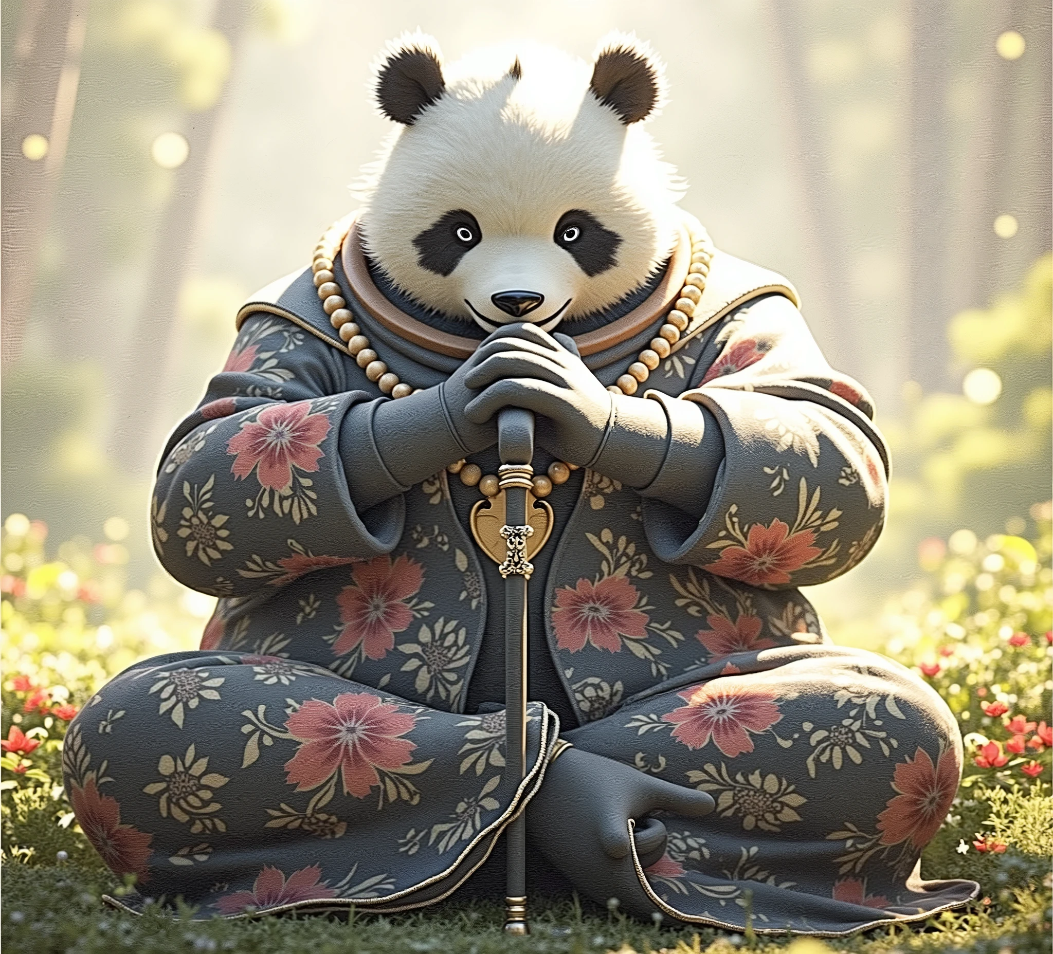 (masterpiece, top quality, best quality, official art,beautiful and aesthetic:1.2),(4k,8k, best quality,masterpiece:1.2),(((white background))), solo,Game character, the panda person, a game character inspired by pandas, wearing a black and white robe, adorned with a jade bead necklace and bracelet, viewed from multiple angles including back view and side view, holding a cane. The structure is clear and accurate, with a modern realistic representation and consistent lighting that looks natural and believable.