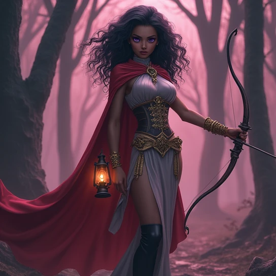 a tall girl with dark curly hair, brown skin, in the middle of an eerie dark forest, holding a bow in her right hand and a lantern in her left, wearing a body fitted leather jumpsuit (covering the chest) with a gold corset, a gold dragon bracelet, and black knee-high boots, with a red cape flowing down to the ground, different colored eyes (right eye red, left eye purple), puckered lips, pain expression, (best quality,4k,8k,highres,masterpiece:1.2),ultra-detailed,(realistic,photorealistic,photo-realistic:1.37),HDR,UHD,studio lighting,ultra-fine painting,sharp focus,physically-based rendering,extreme detail description,professional,vivid colors,bokeh,fantasy,dark fantasy,portrait