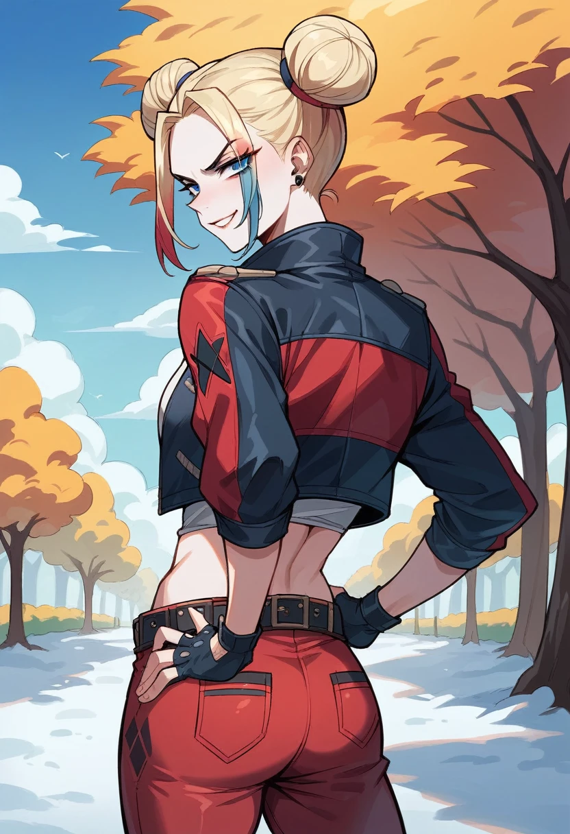 harley, blonde hair, pale skin, multicolored hair, double bun, blue eyes,makeup, cropped jacket, belt, fingerless gloves,red pants, looking at viewer, serious, smirk, from_behind, standing, hands on hip,  outside, park, winter, blue sky, high quality, masterpiece, 
