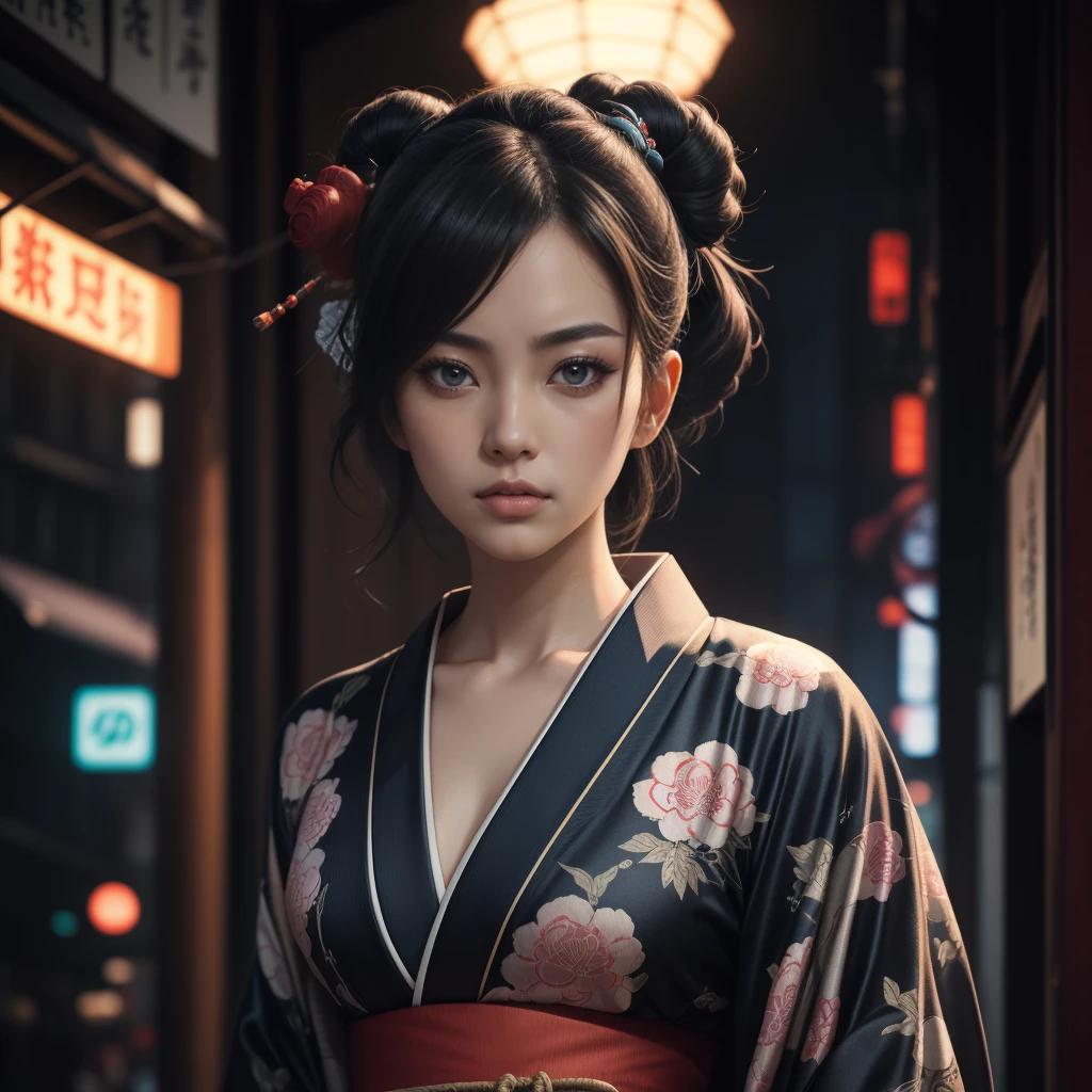 a traditional japanese woman wearing a silk kimono, cyberpunk style, neon lights, detailed face, detailed eyes, detailed lips, extremely detailed, 8k, high quality, masterpiece, photorealistic, (intricate background, detailed kimono patterns, katsushika hokusai,cinematic lighting)
