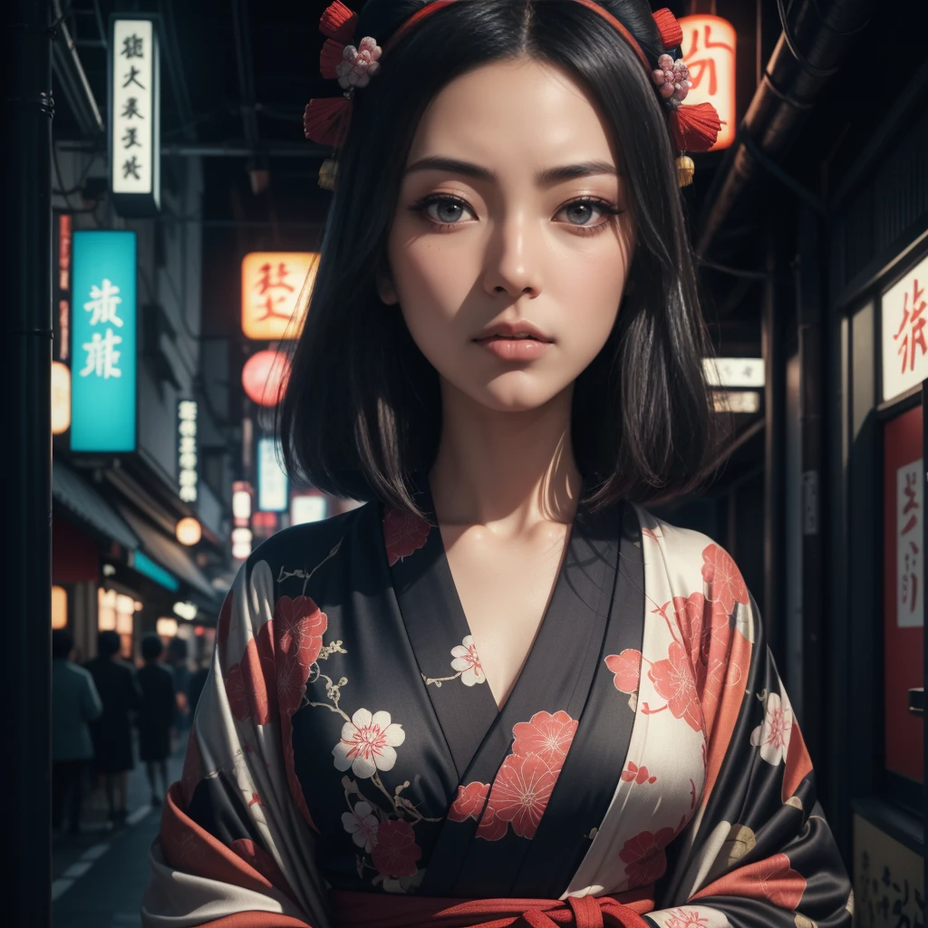 a traditional japanese woman wearing a silk kimono, cyberpunk style, neon lights, detailed face, detailed eyes, detailed lips, extremely detailed, 8k, high quality, masterpiece, photorealistic, (intricate background, detailed kimono patterns, katsushika hokusai,cinematic lighting)